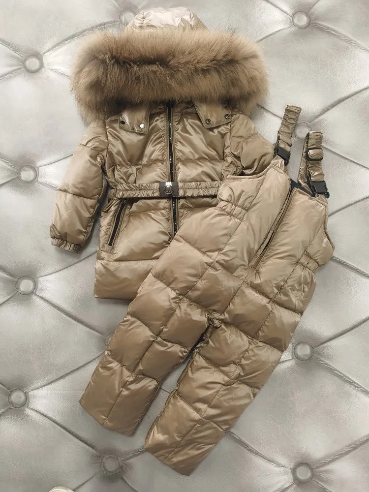 Winter European American Children\'s Down Jacket Kids Winter Clothes Set with Thickened Real Fur Collar Warm Two-piece Set