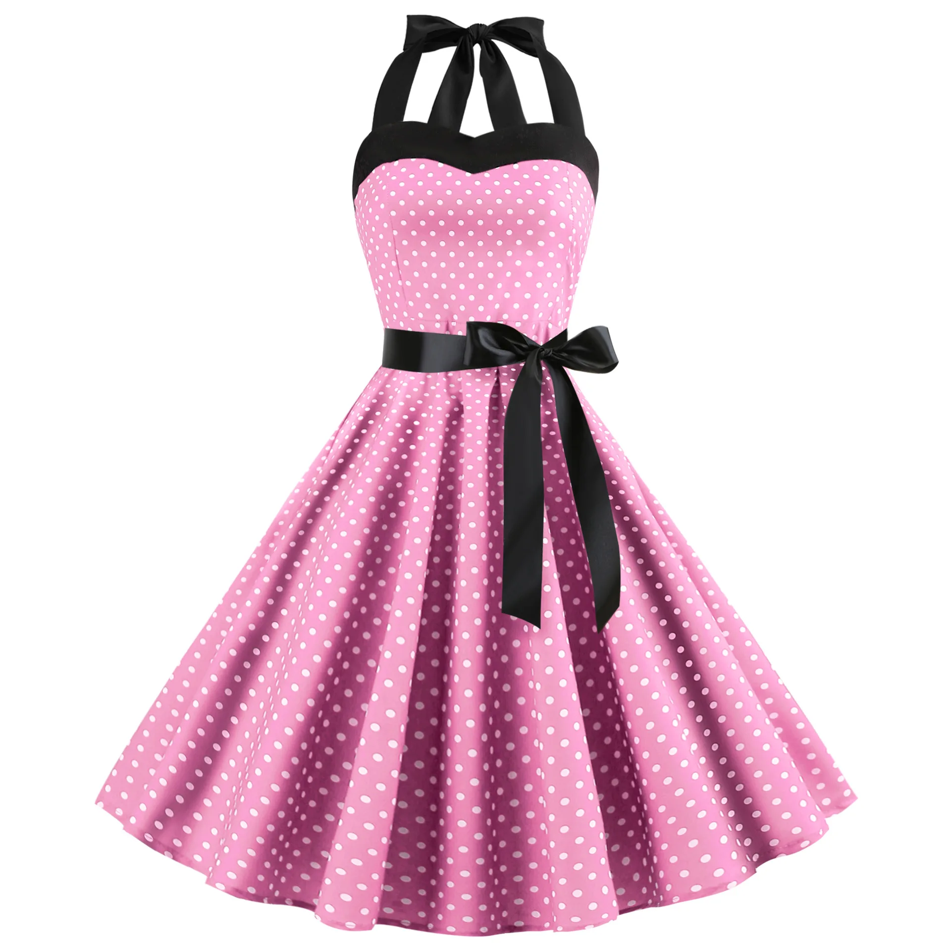 Elegant Women Pink Polka Dot Dress Summer Robe Hepburn 1950s 60s Vintage Sexy Halter Rockabilly Retro Party Dresses 2026 Vestido - Image 3