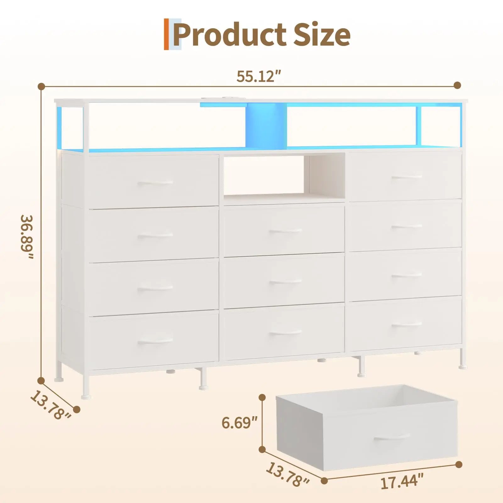 GarveeLife 11-Drawer Dresser with LED Lights & Power Outlet, Fabric Chest of Drawers with Open Shelves, Steel Frame & Wood Top for Bedroom, Living Room, Hallway
