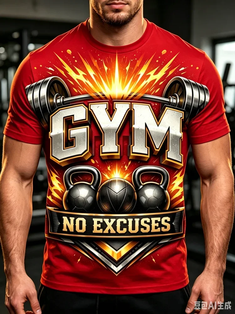 Fashion New Men's GYM No Excuses Barbell Kettlebell Explosion Print T-Shirt Fitness T Shirt Casual Streetwear Short SleeveTops