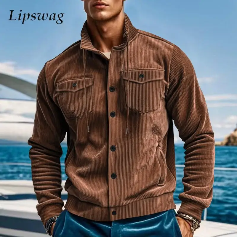 

Outerwear Mens Vintage Solid Color Corduroy Cardigan Tops Men 2026 Spring Fall Fashionable Buttoned Lapel Drawstring Jacket Coat