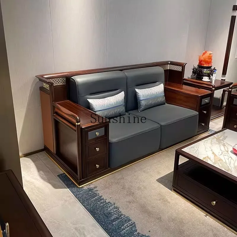 

New Chinese modern high-end solid wood sofa villa living room ebony leather