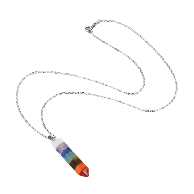 1 Piece Natural Multicolor Chakra Semi-precious Stone Carved Crystal Reiki Energy Healing Subuliform Point Pendant Necklace