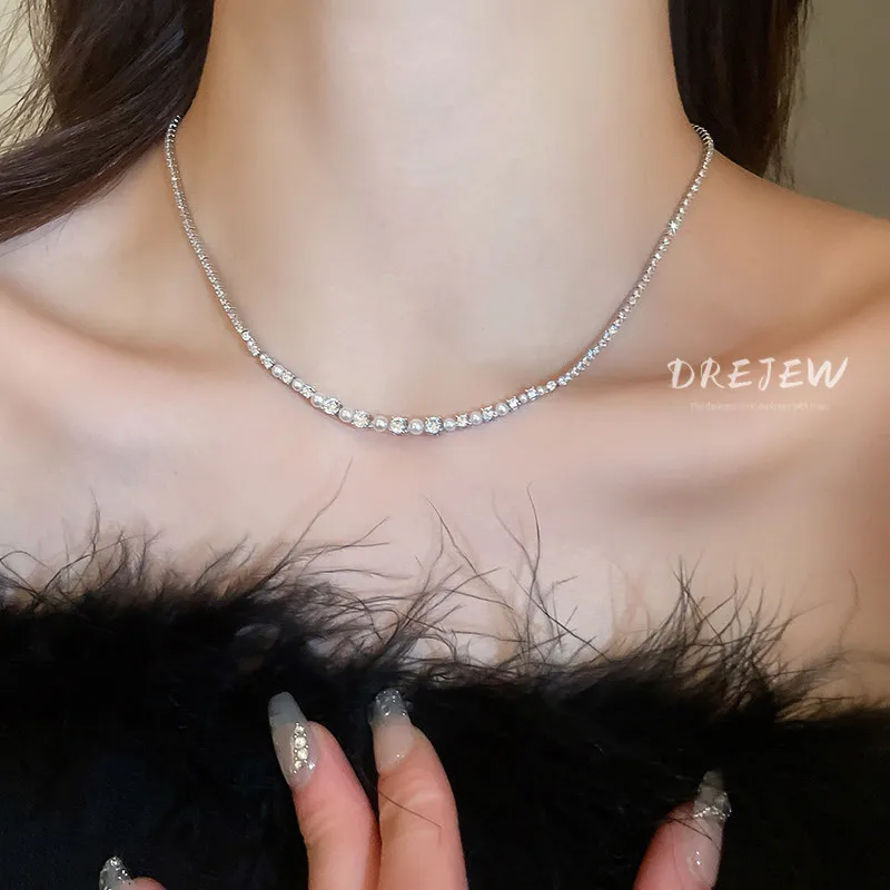[DREJEW]Zircon Pearl Necklace Female Simple Clavicle Chain Fashion Temperament Light Luxury High Sense Jewelry