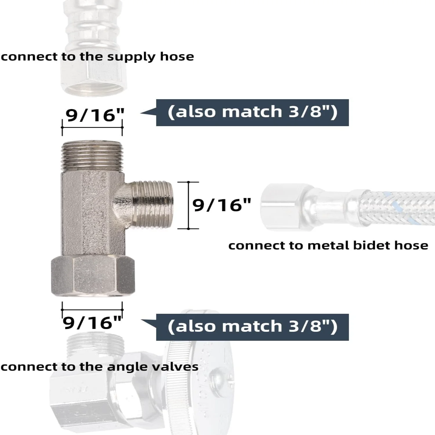 Bidet T Adapter, Metal T Valve for Bidet(3/8\u201D x 3/8\u201D x 3/8\u201D), 3 Way Tee Connector Bidet Attachment for Toilet