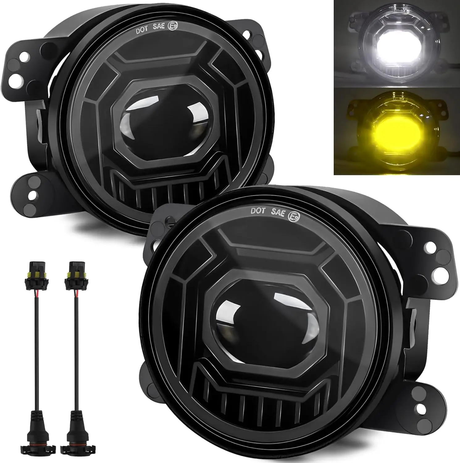 

4 Inch Round LED Fog Lights for Jeep Wrangler JK JLU 2007-2024, 60W White Amber Off-Road Lamps, DOT Approved