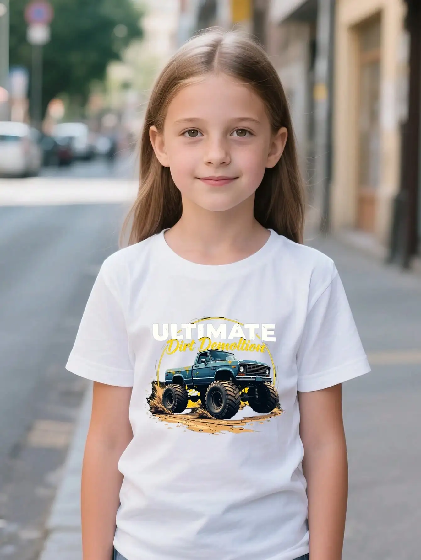 Camisetas gráficas de algodão para meninos/meninas Monster Truck de volta às aulas, tops pretos grandes de verão com padrão off-road