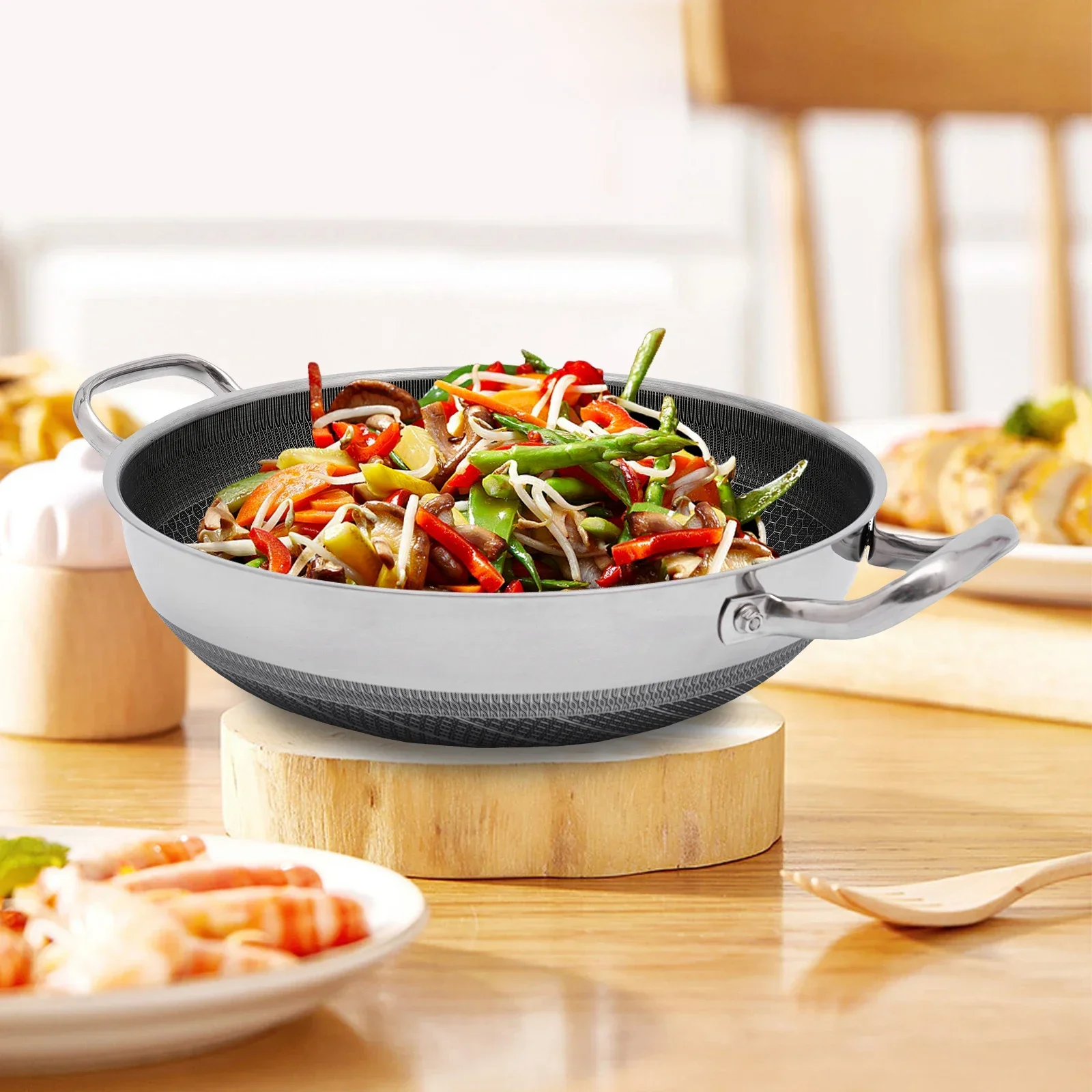 

Профессиональная антипригарная сковорода из нержавеющей стали диаметром 32 см с крышкой, быстрое рассеивание тепла, для кухонных плит, серебристая