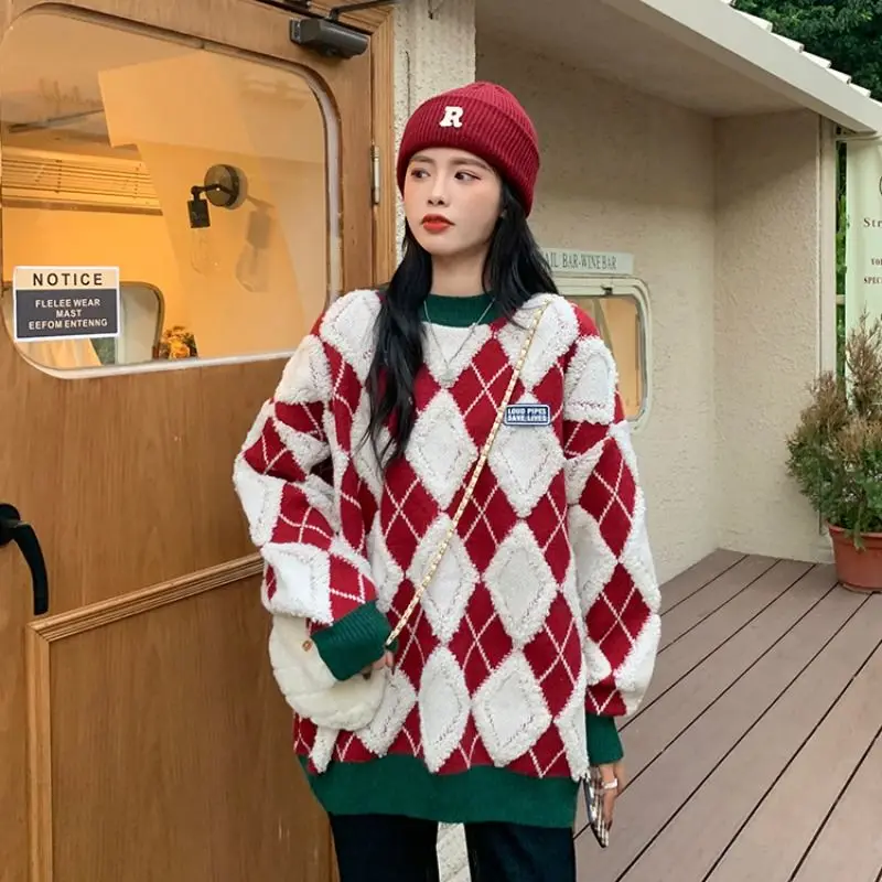 Autumn Winter Vintage Loose Geometric O-neck Sweater Women Fashion All-match Knitwear Sweet Trend Long Sleeve Warm Knitting Tops