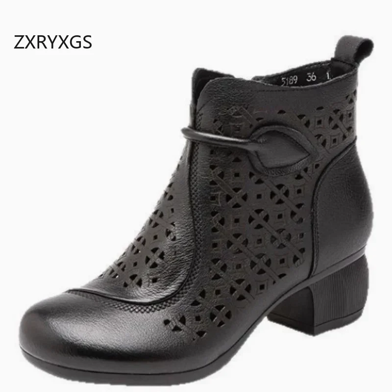 

ZXRYXS Premium Cowhide Hollow Breathable Comfortable Boots 2025 Thick Mid Heels Elegant Fashion Boots Real Leather Ladies Shoes