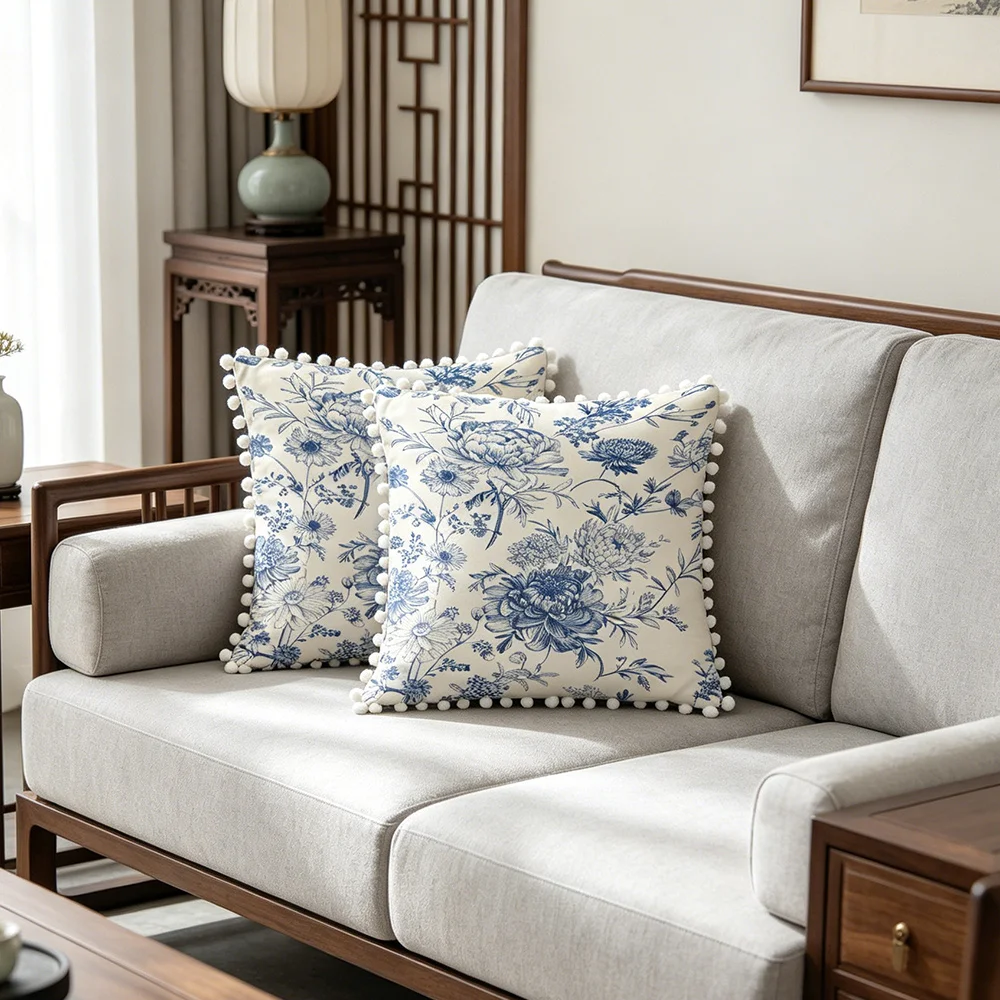 Chinese style blue and white porcelain peony flower tassel lace decorative cushion cover, pillow cover, machine washable