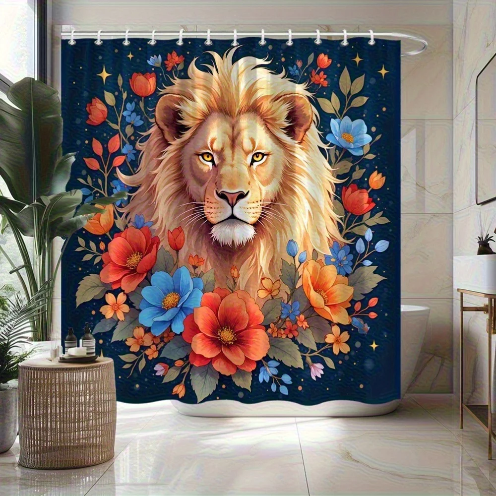 

1pc Majestic Lion Head Shower Curtain, Golden Mane, Amber Eyes& Red/Blue Trim- Dreamy Art Bathroom Decoration, Machine Washable