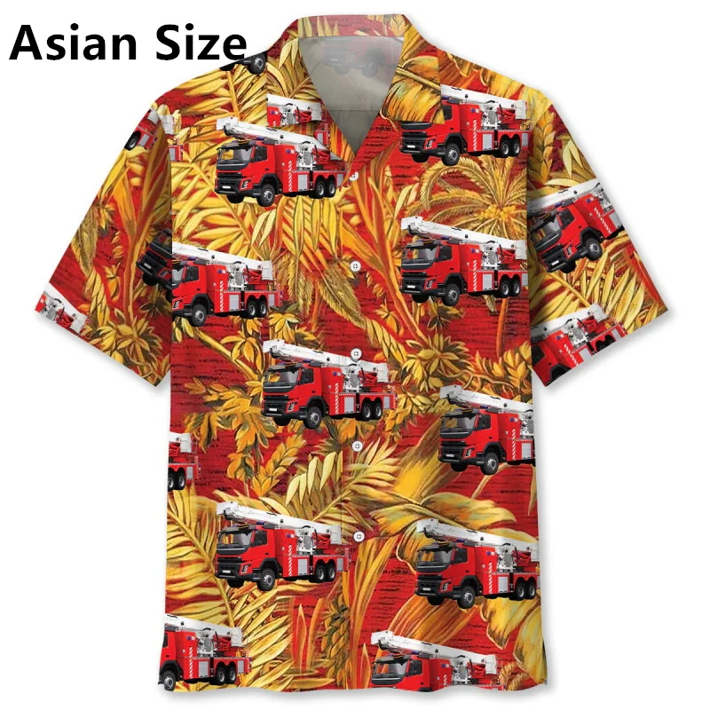 Full Print Fire Truck Graphic Hawaiian Shirt For Men Summer Short Sleeve Button Vacation Shirt New In Men's Party Beach Shirts