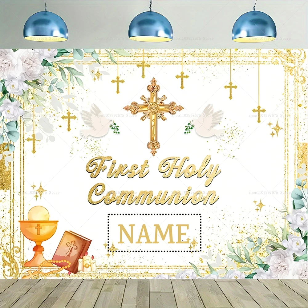 مخصص صبي فتاة الأولى بالتواصل المقدس التصوير خلفية بلدي المعمودية الذهب الصليب الكأس الله يبارك استحمام الطفل خلفية الصورة #2