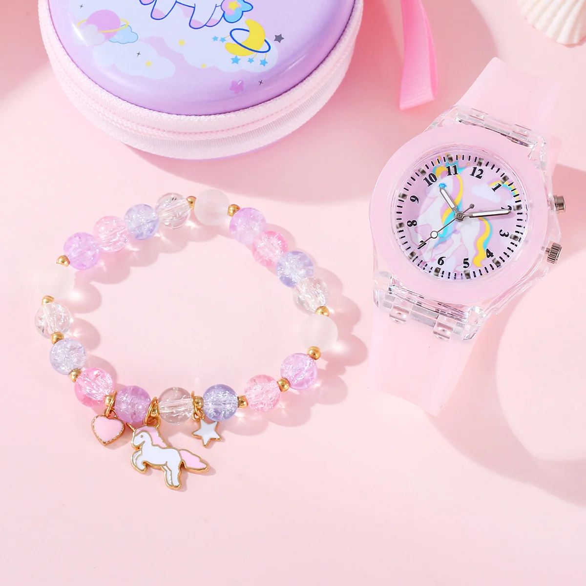 1pcs Women\'s Unicorn Digital Light Watch +1pcs Unicorn Colorful Crystal Bracelet Set for Mother\'s Day Gift