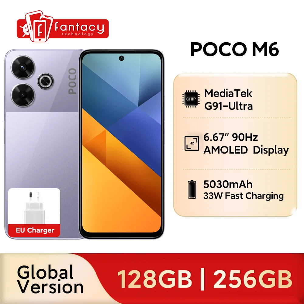 POCO M6 สมาร์ทโฟน Global Version Helio G91 Ultra 108MP Pro-เกรดกล้องหลัก 33W Fast CHARGING 5030mAh แบตเตอรี่