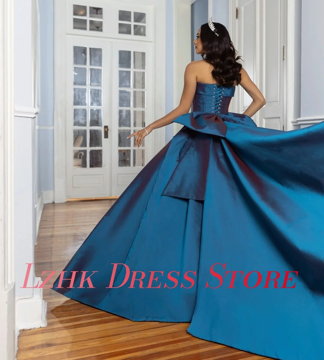 تخصيص رشيقة الساتان ألف خط كريستال 3D القوس مساء اللباس مزاجه أكمام حمالة الطابق طول فساتين المشاهير