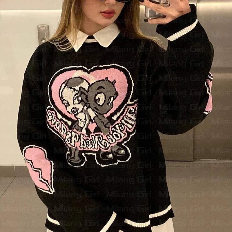 Oversize Sweater Women Y2k letter graphics Tops Long Sleeve Jumper Knitted Autumn Korean Goth Grunge Harajuku Pullover Clothing