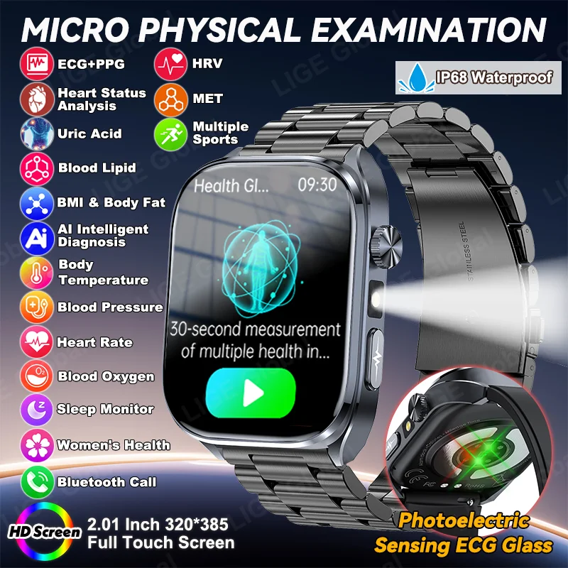 LIGE 2025 New Nursing Grade ECG+PPG Smartwatch Blood Lipid Uric Acid BMI Body Temperature Bluetooth Call Health Smart Bracelet