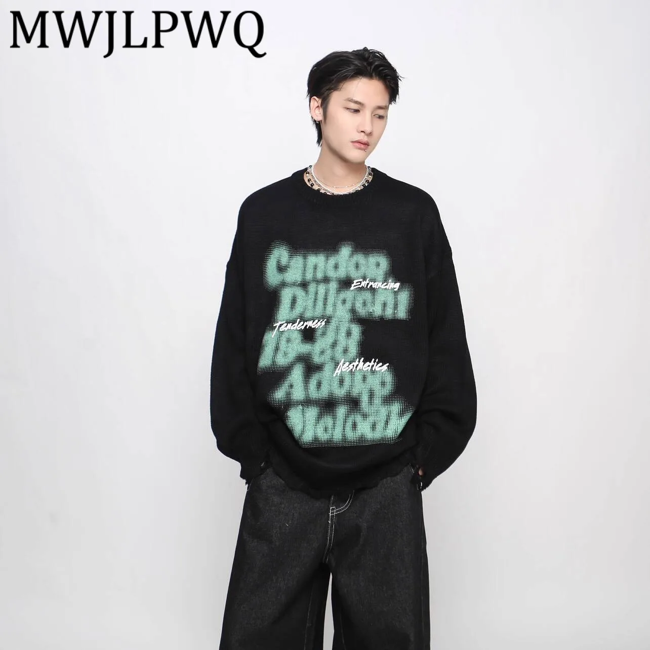 MWJLPWQ Lettera americana Stampa a blocchi di colore Maglione girocollo da uomo Stile pigro Street Niche Design Coppia Maglieria casual 21178