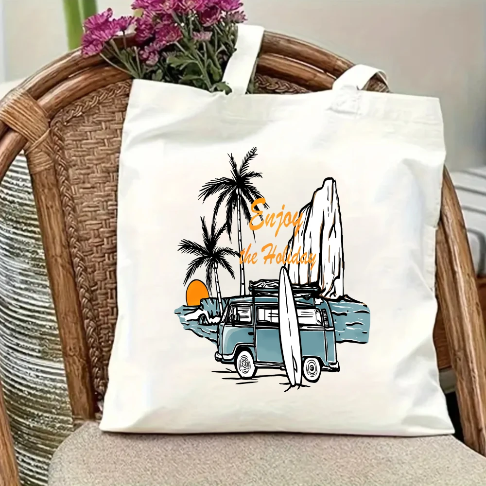 

Винтажная ретро-сумка-шоппер из канваса с принтом «Surfer Van», многоразовая сумка с пляжным принтом, ретро-сумка для летнего отдыха, повседневная женская сумка