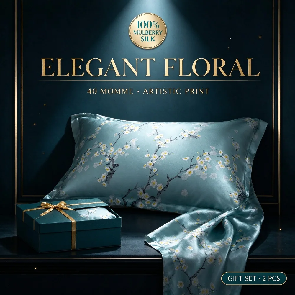 Mulberry Silk Pillowcase Set 2PCS 40 Momme 6A Grade Front Silk Back Polyester Pillow Covers for Women Her Queen Size Gift Box