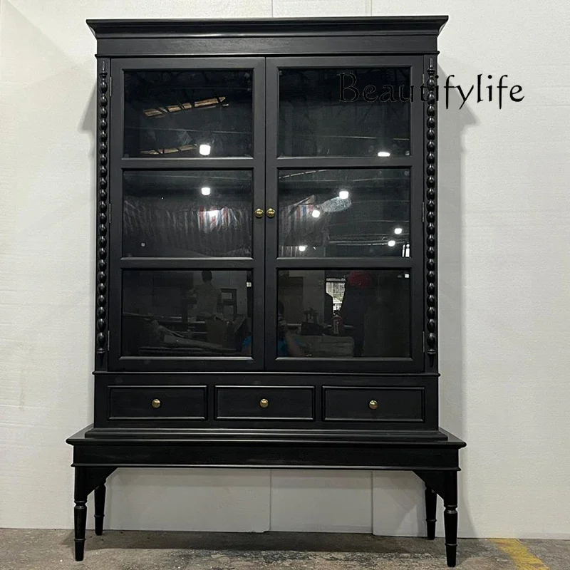 

C Medieval Black Display Boutique Display Cabinet Three-layer Double-door Glass Cabinet Solid Wood Antique Cabinet