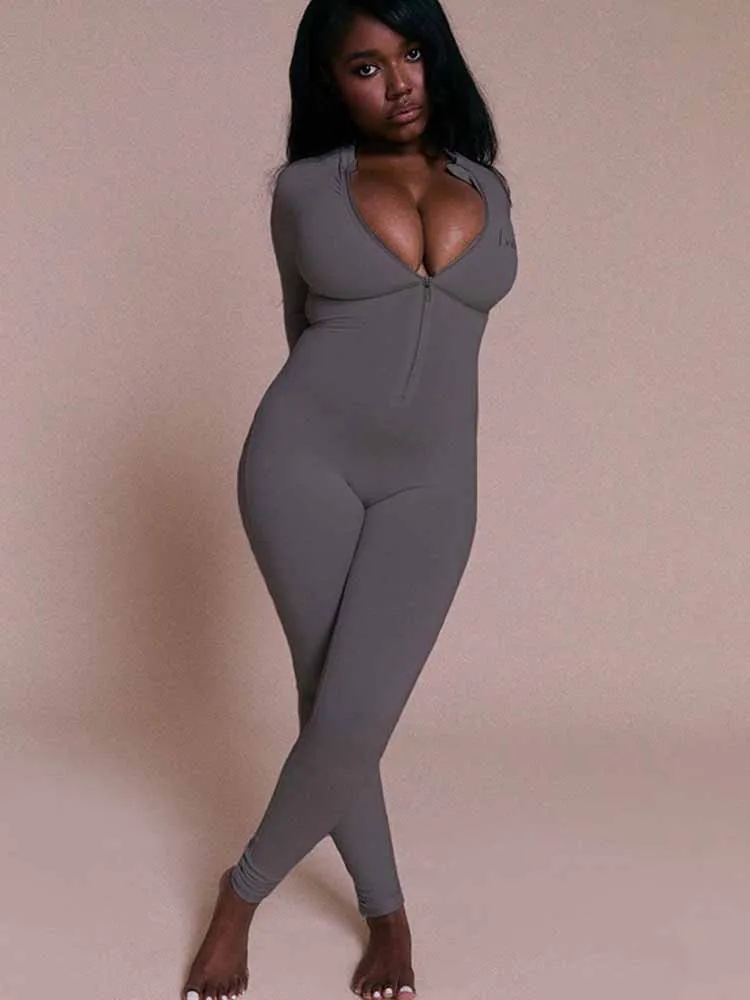 Kombinezon damski zapinany na zamek, jednolity kolor, jesień-zima 2025, długi rękaw, pełne legginsy, obcisłe rompery, strój na imprezę do klubu nocnego, ogrodniczki.