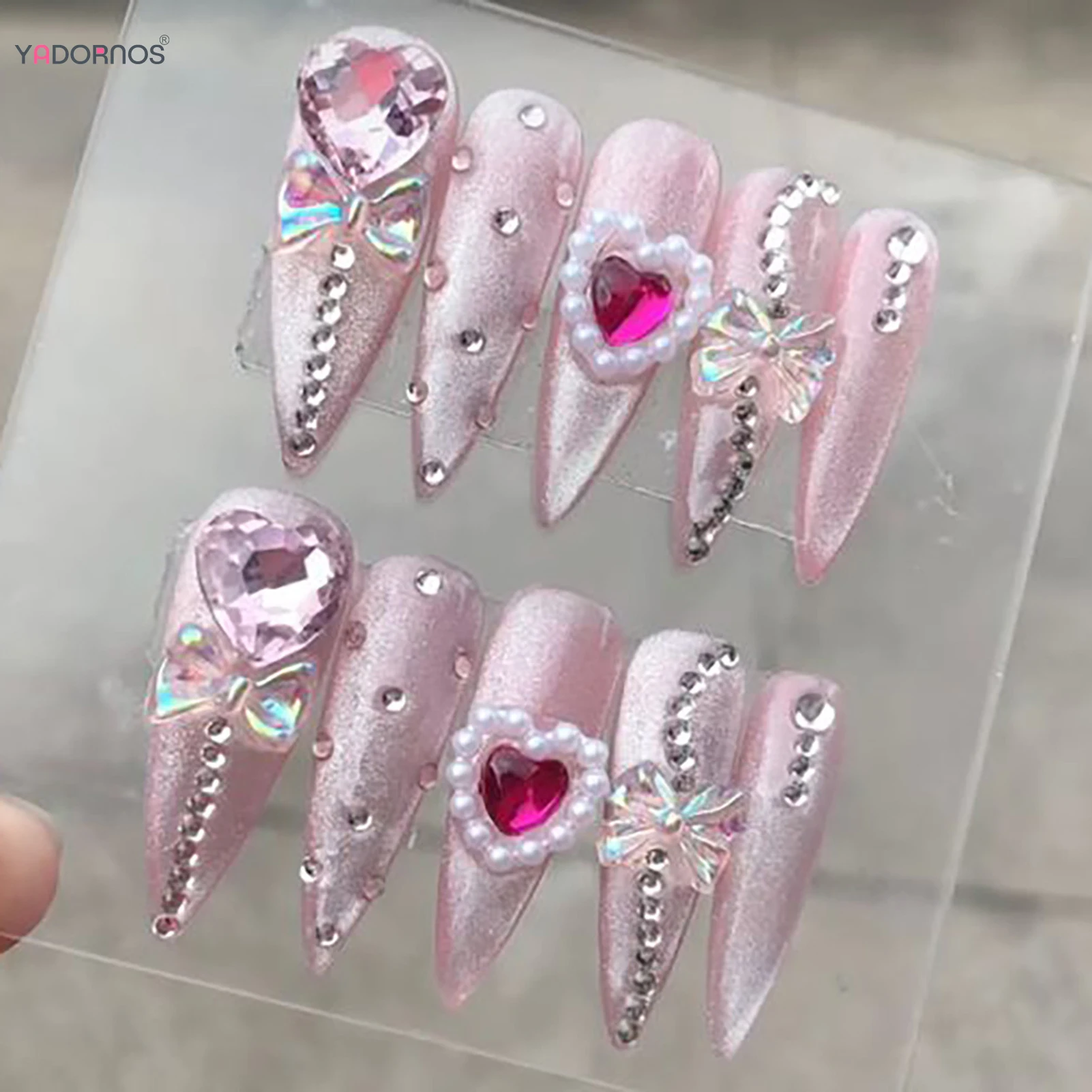 

24Pcs Y2k Style Press On Nails Glitter Pink Cat's Eye False Nails 3D Bows Pearl Love Heart Decors Fake Nail Tips Sweet Manicure