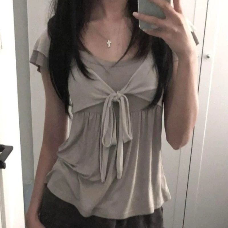 Korean Fashion Fake Two-piece Patchwork Short Sleeve Tops Front Tie A-line Slim Cropped Fit Shirt Casual Womens Blouse