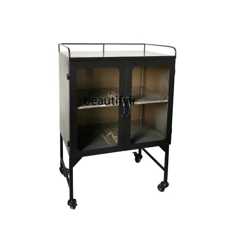 

zq Modern Industrial Wind Black Wrought Iron Sheet Meal Side Cabinet Storage Side Cabinet Glass Display Wine Cabinet