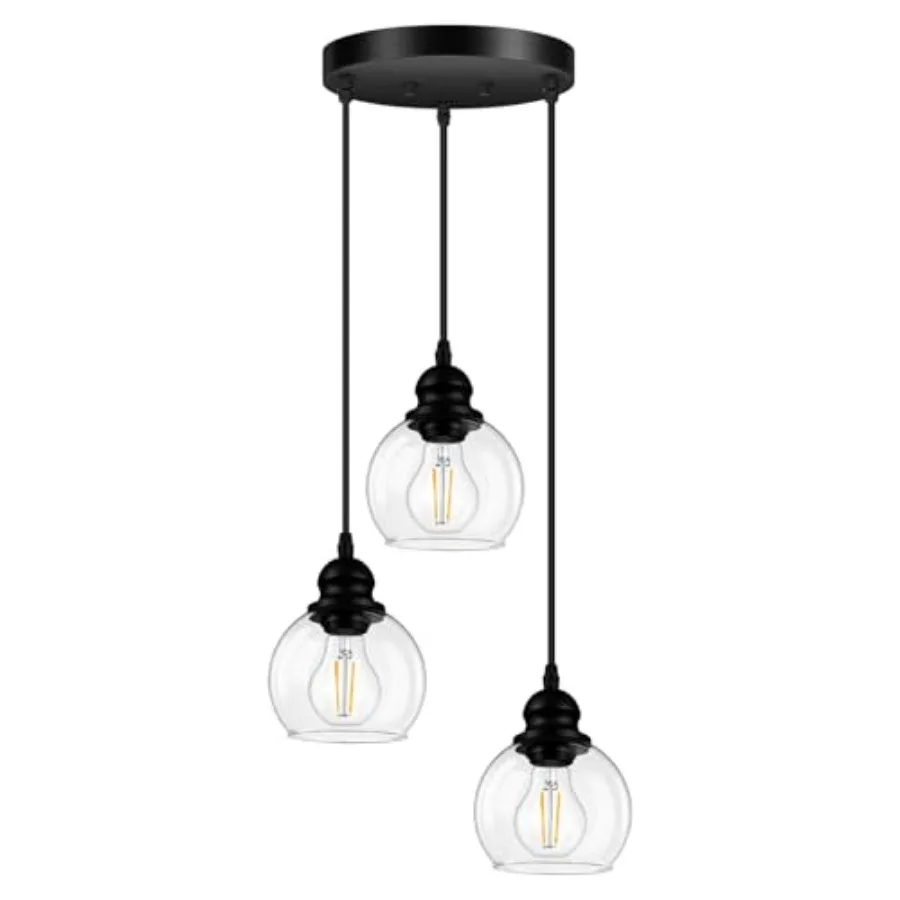 3-Light Pendant Light, Hanging Ceiling Lamp with Clear Glass Shade, Matte Black Pendant Lighting Adjustable Height Industrial R