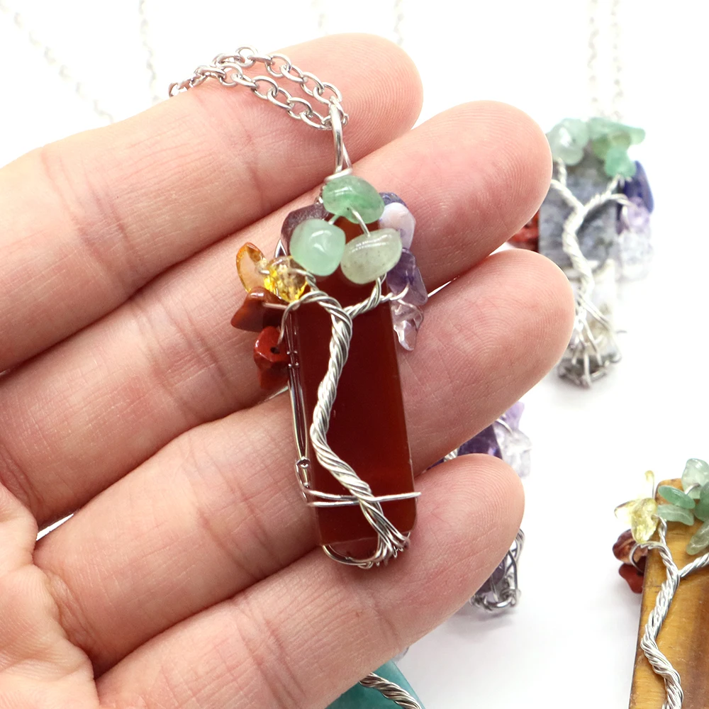 7 Chakra Tree Of Life Irregular Slice Stone Pendant Natural Reiki Healing Crystals Quartz Amethyst Lapis Lazuli Necklace Jewelry