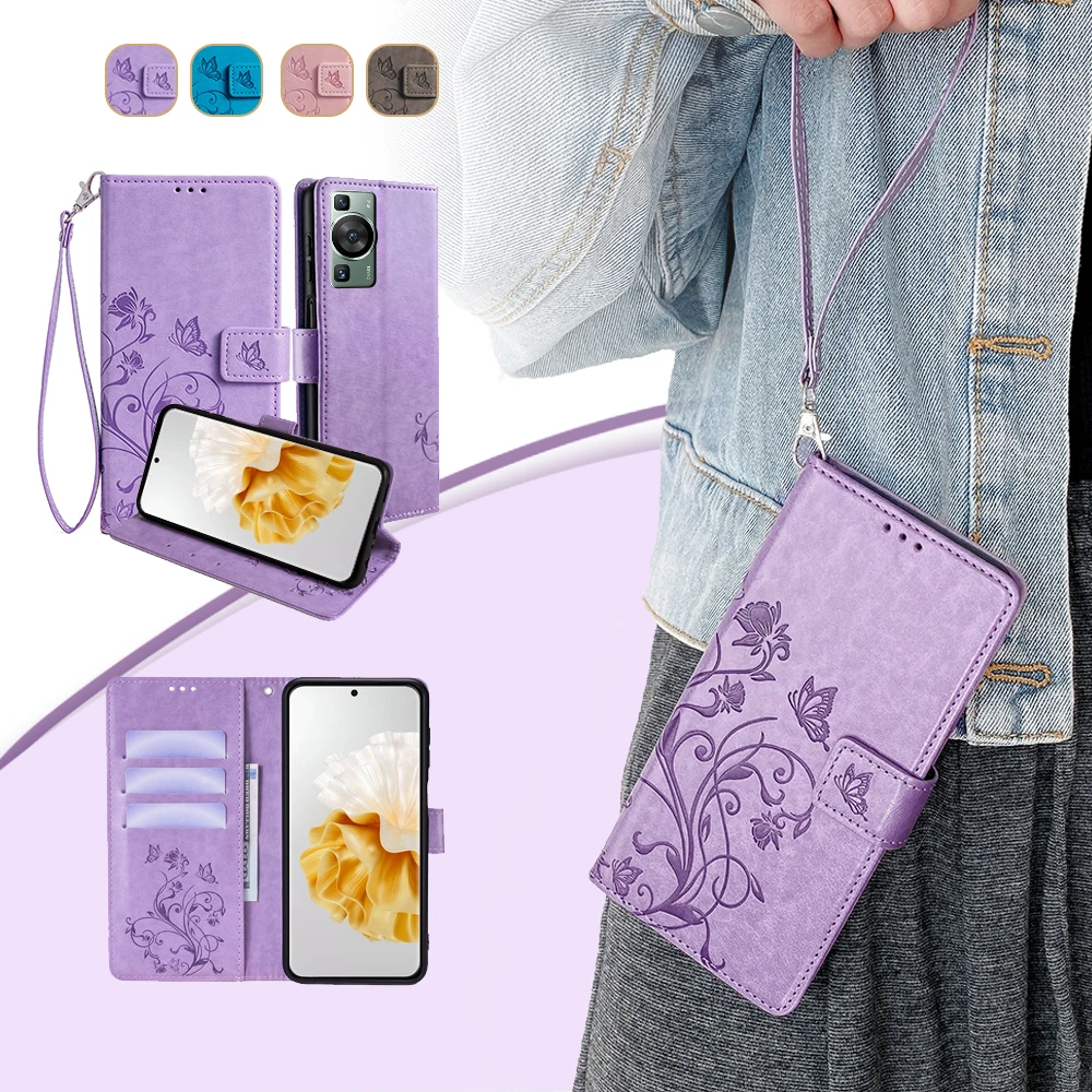 Lanyard Flip Phone Cover für Huawei P60 P50 P40 P30 P20 Pro Plus P50E P40 Lite E Brieftasche Fall geprägt Pu Leder Handy tasche Funda