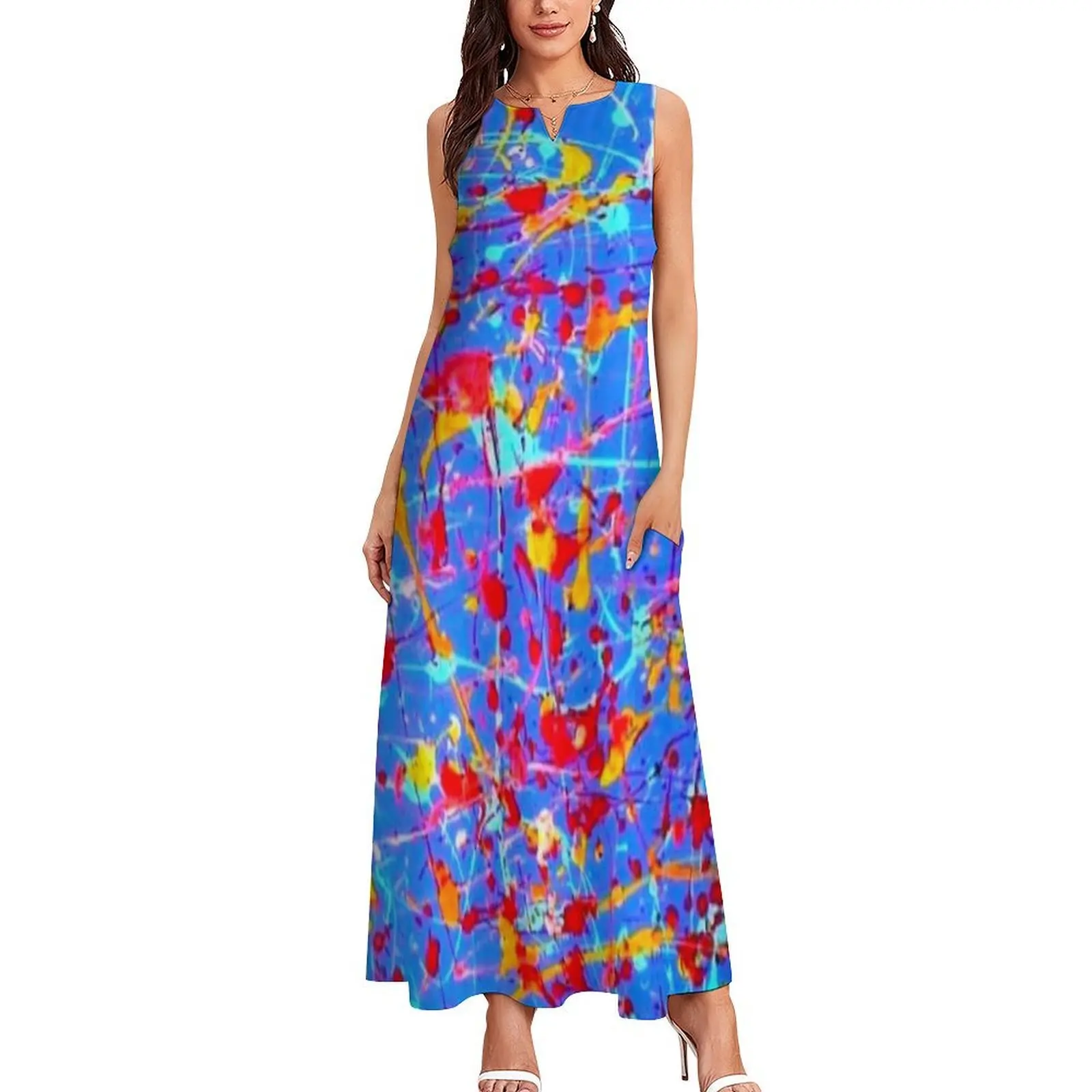 Blue Abstract Splash Print Dress  Vintage Maxi Dress Sleeveless Custom Casual Long Dresses Street Fashion Oversized Clothes