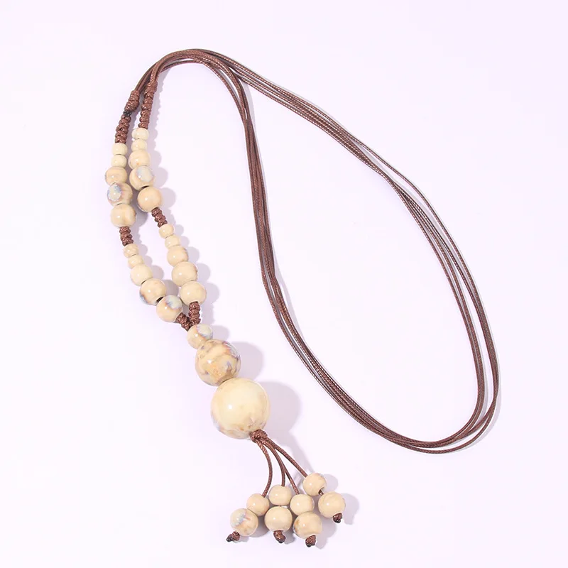 Fashion Ethnic Jewelry Traditional Handmade Ornaments Weave Wax Rope Ceramics Necklace Ceramics Beads Pendant Long Necklace