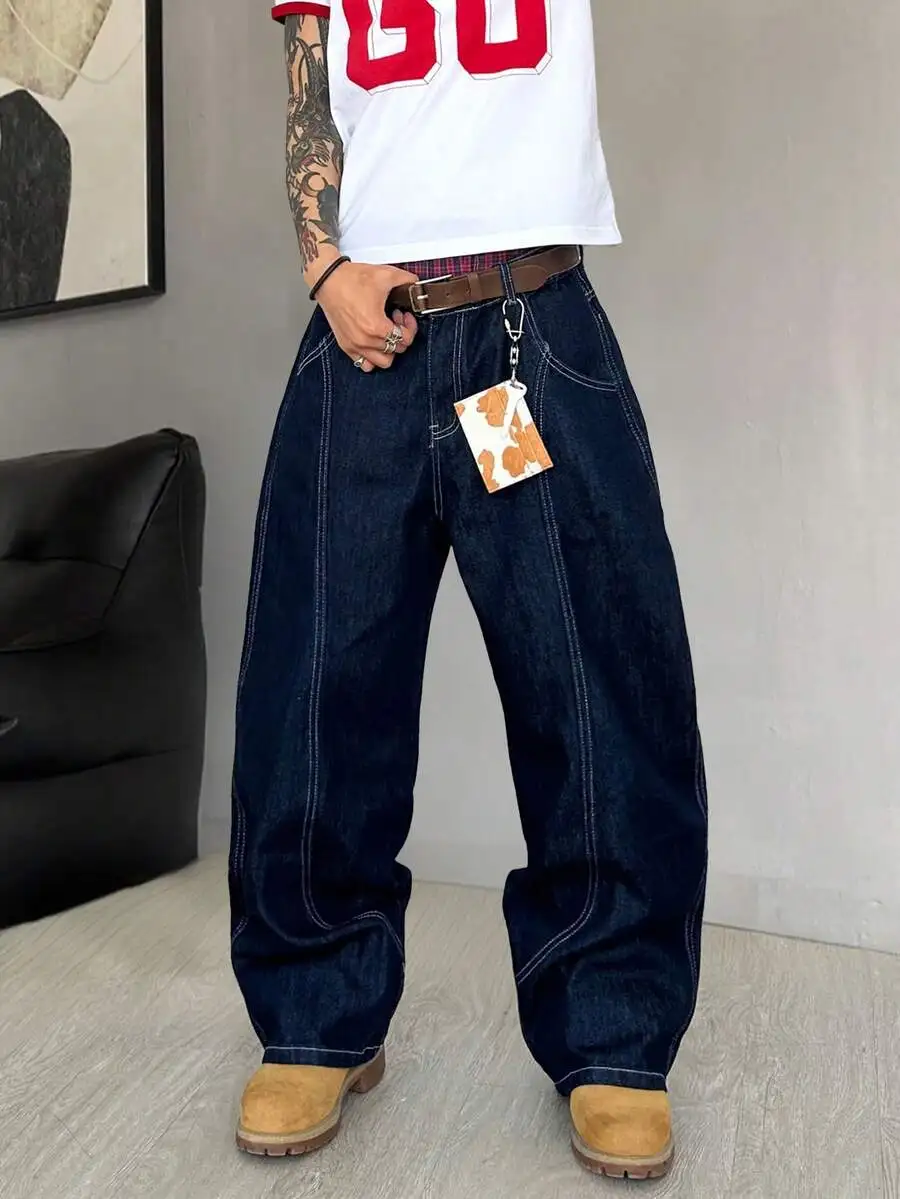 

Mens Dark Wash Loose Fit Denim Trousers With Front Pockets And Belt Loop