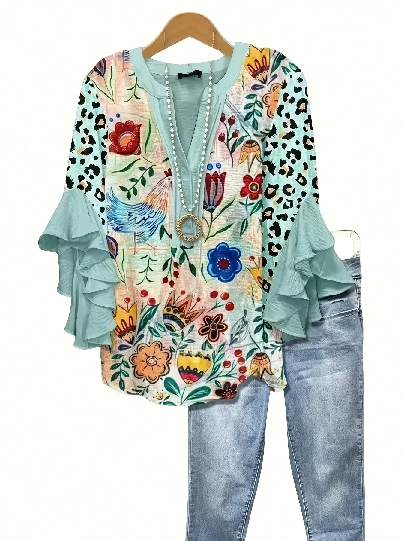 

Floral Print Ruffle Sleeve V-Neck Blouse For Women Casual Top