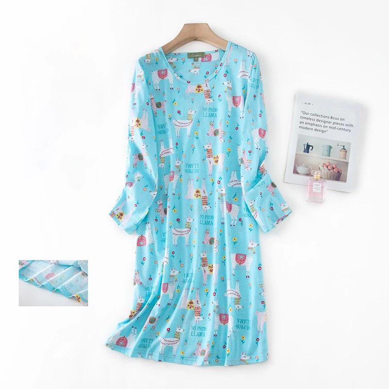 

Cute Cat And Pineapple Print Nightgown Long Sleeve Round Neck Loose Fit Dress Women's Sleepwear Comfortable Fabric Loungewear