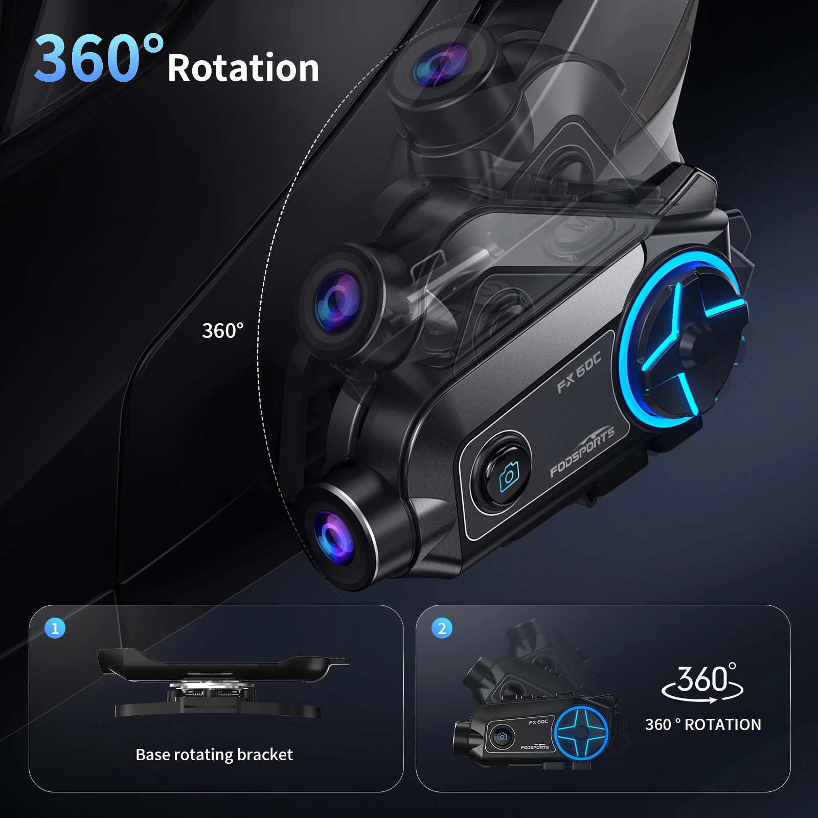 Fodsports FX60C Motorcycle Intercom Bluetooth 5.4 Helmet Headset, 4K HD Anti-shake Camera Dash Cam Moto Interphone,10 Riders,FM