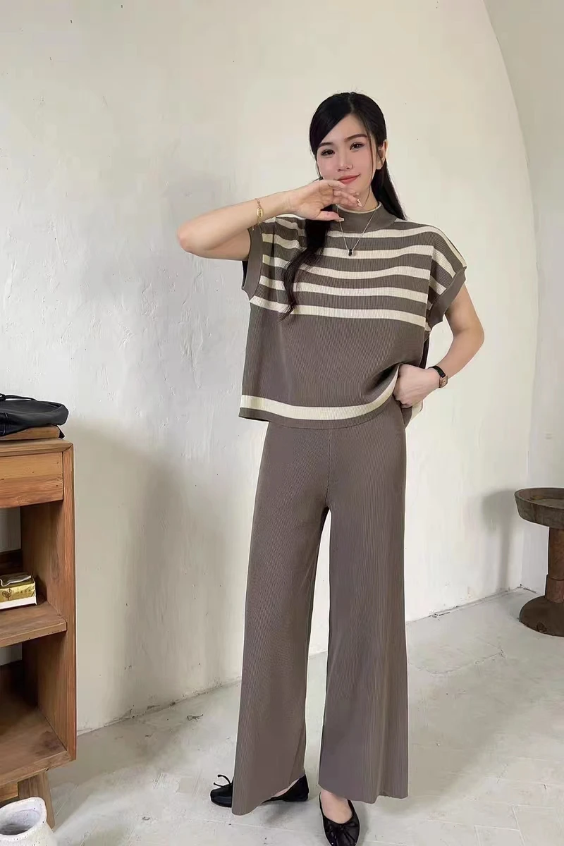 2024 Winter New Women Sweater Set Casual Pullovers Suits Knitted OL Loose Striped Sleeveless Elegance Tops Wide Leg Pants Korean