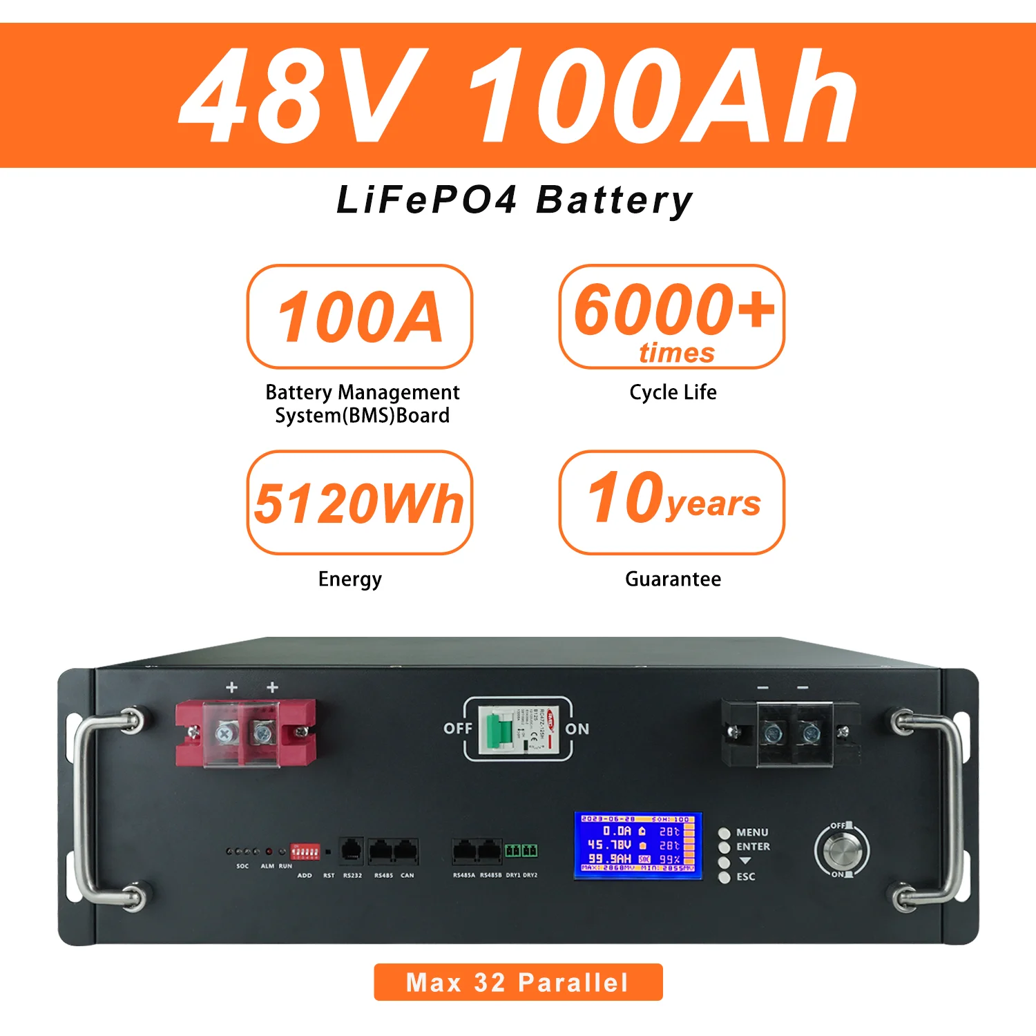 New 48V 100Ah LiFePo4 Battery Pack 51.2V 5kw Lithium Iron Phosphate Batteries 16S 100A Built-in BMS 48V 50AH 200AH Pack No Tax