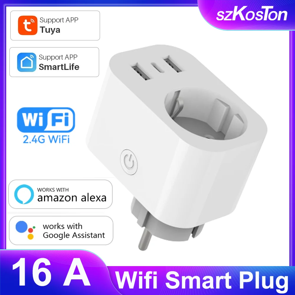 Tuya WiFi Smart Plug 16A EU Smart Socket USB Type C Phone Charger AC Power Outlet Home Appliance Works with Alexa Google