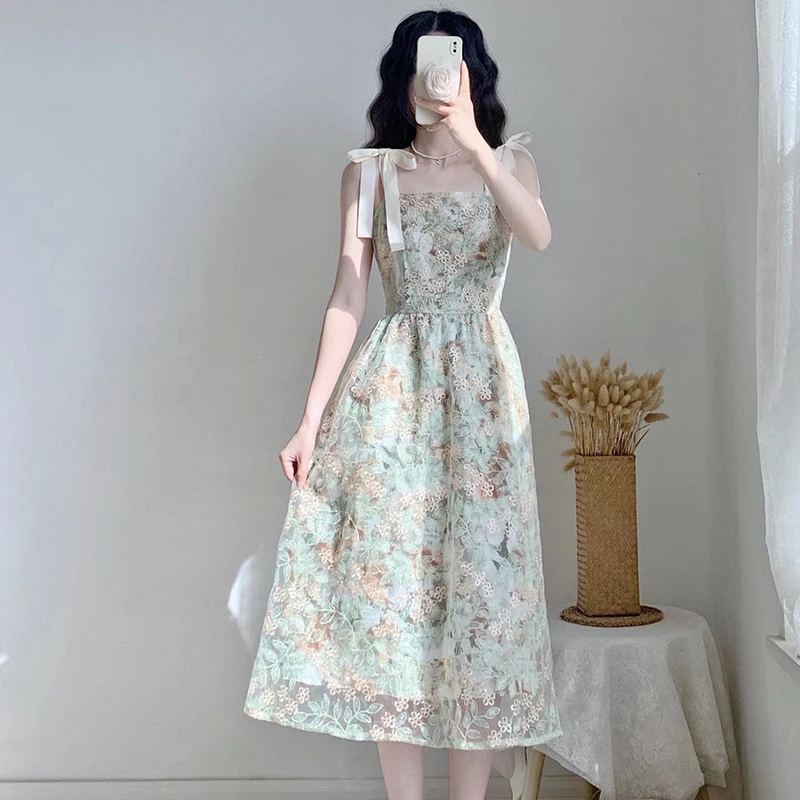 JSXDHK-Vestido feminino francês de flor de verão vintage, elegante sem mangas, alça de espaguete, bordado floral em malha Midi Vestidos, novo, 24