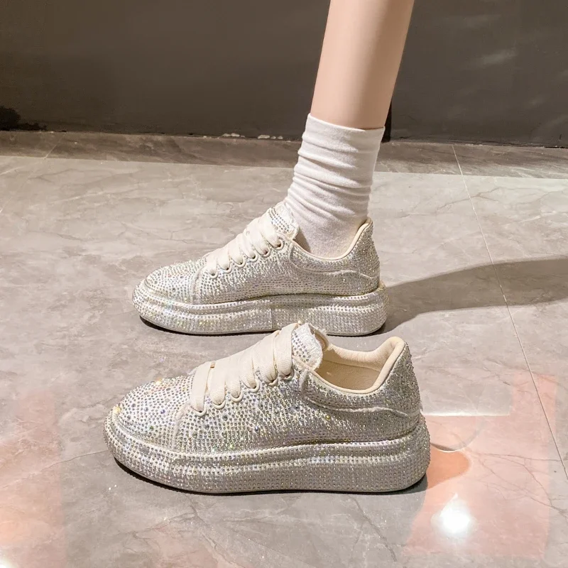 2024 ženy krajky nahoře tenisky glittery podzim plochý vulkanizované dámy bling ležérní ženské móda platforma zapatos de mujer boty