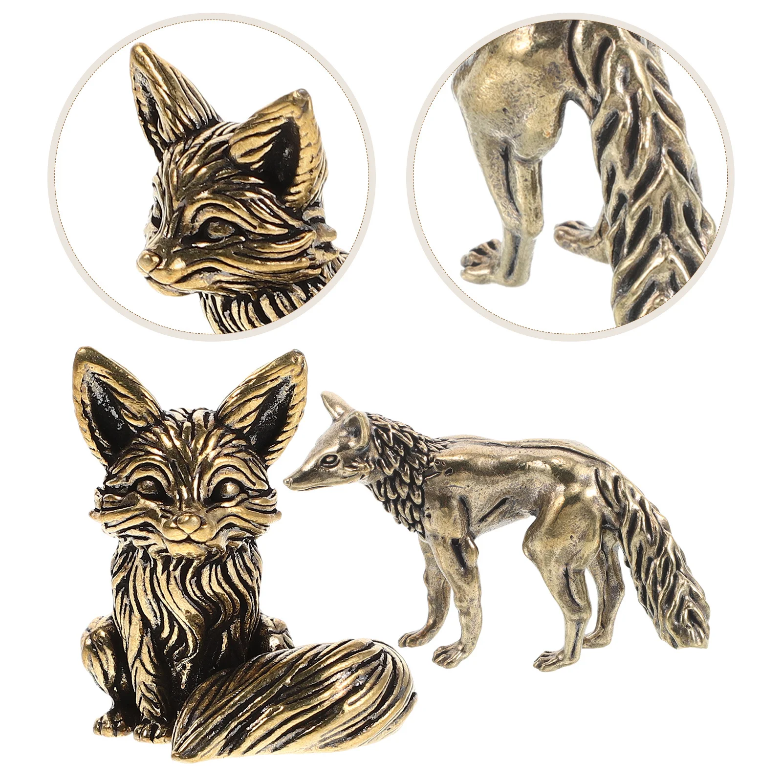 

2Pcs Brass Fox Decor: Vintage Miniature Animal Sculpture for Desk Office Home Decor Retro Copper Statues Collection Art Craft
