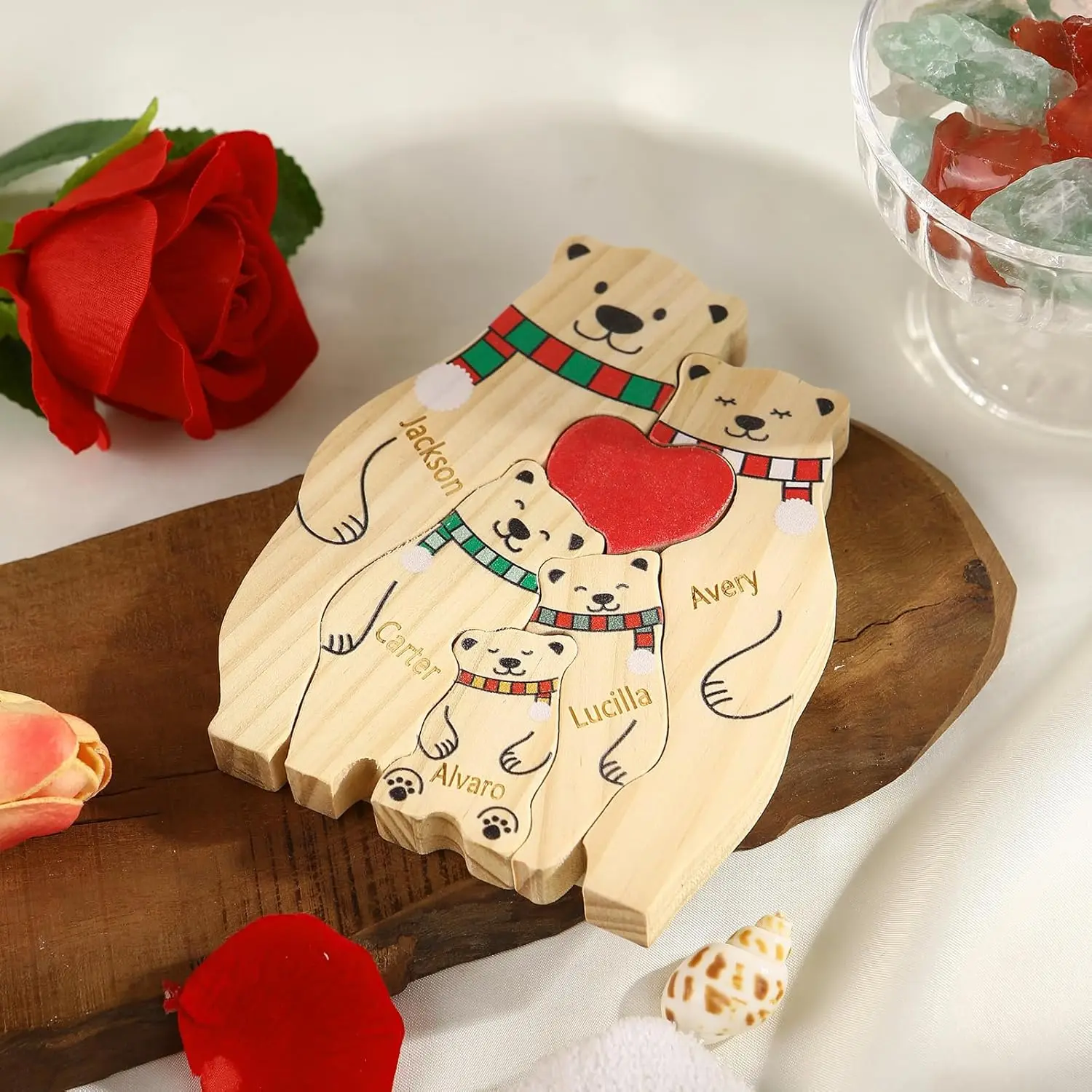 Name Personalized Custom Mother\'s Birthday Gift Family Names Sculpture Wood Puzzle Bear Family Heart Puzzles Home Decoration