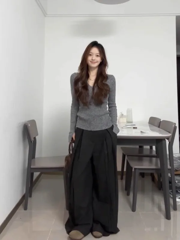 

Ретро-корейский трикотажный топ с V-образным вырезом и длинными рукавами больших размеров, мягкий, удобный, стройнящий, для женщин, для повседневной носки