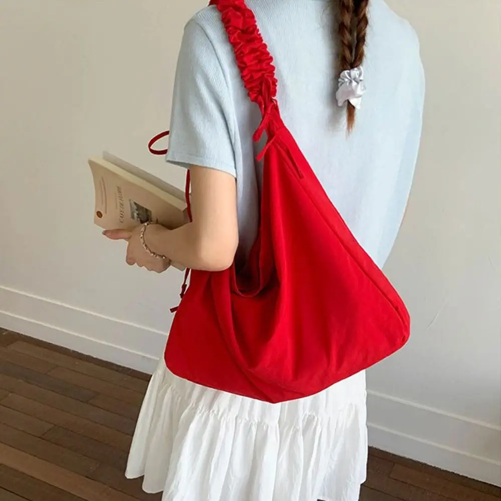 

Casual Solid Color Pleated Shoulder Bag Large Capacity Leisure Nylon Crossbody Bags Simple Students Underarm Bag School Bag