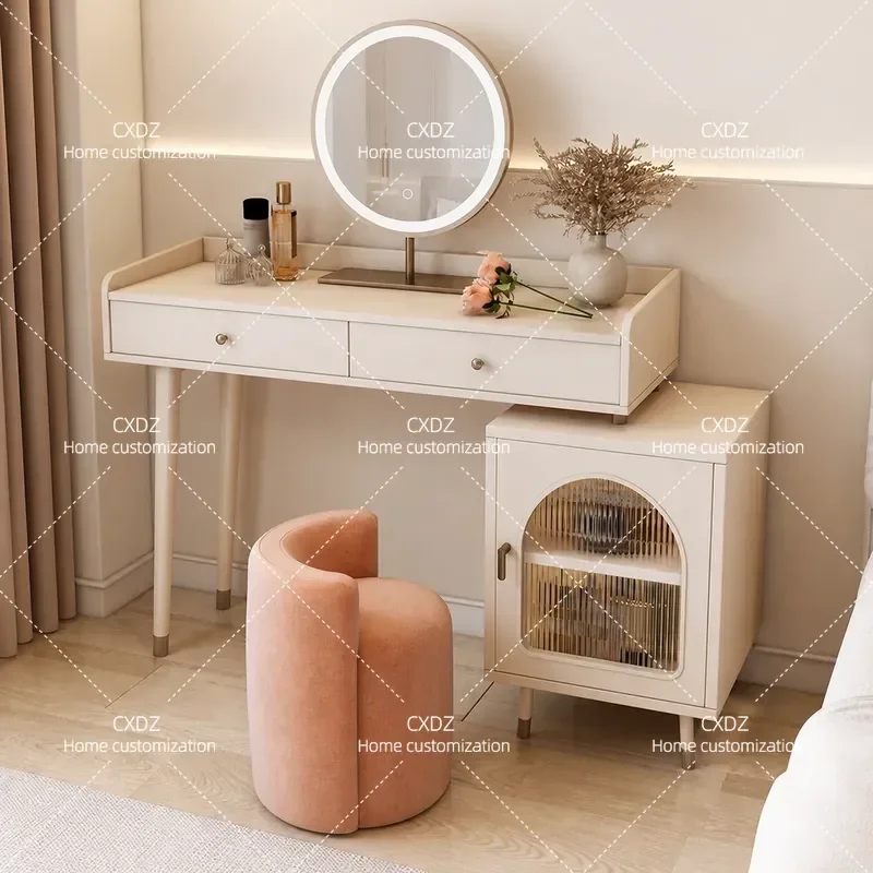 Retractable Makeup Table Solid Wood Dresser with Storage Cabinet Integrated Vanity for Small Apartment Bedroom Mirror Cabinet